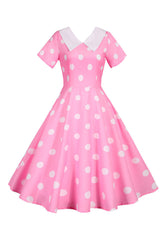 Polka Dots Rosa Vintage-Kleid mit kurzen Ärmeln